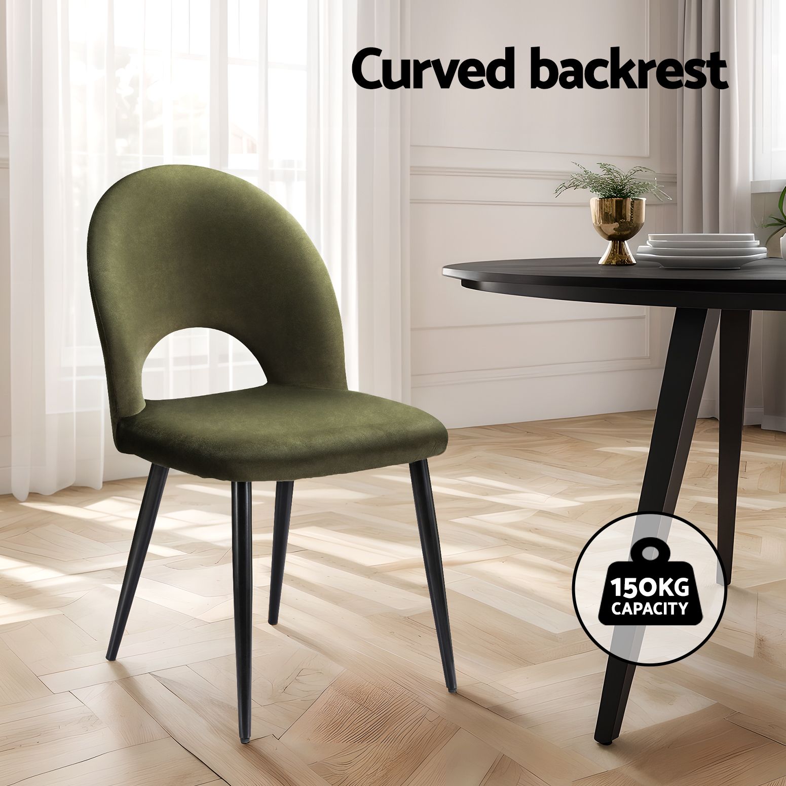 Dining Chairs Set of 6 – Velvet Green, Hollow‑Back, Metal Legs, 150kg