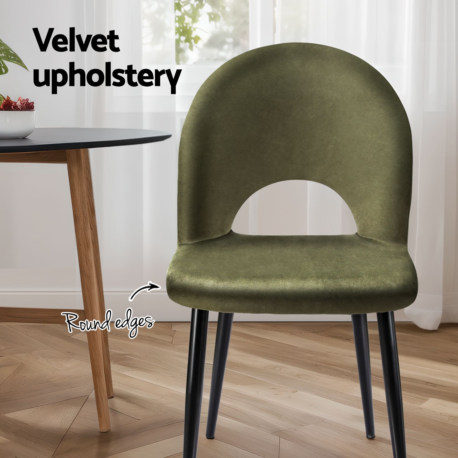 Dining Chairs Set of 6 – Velvet Green, Hollow‑Back, Metal Legs, 150kg