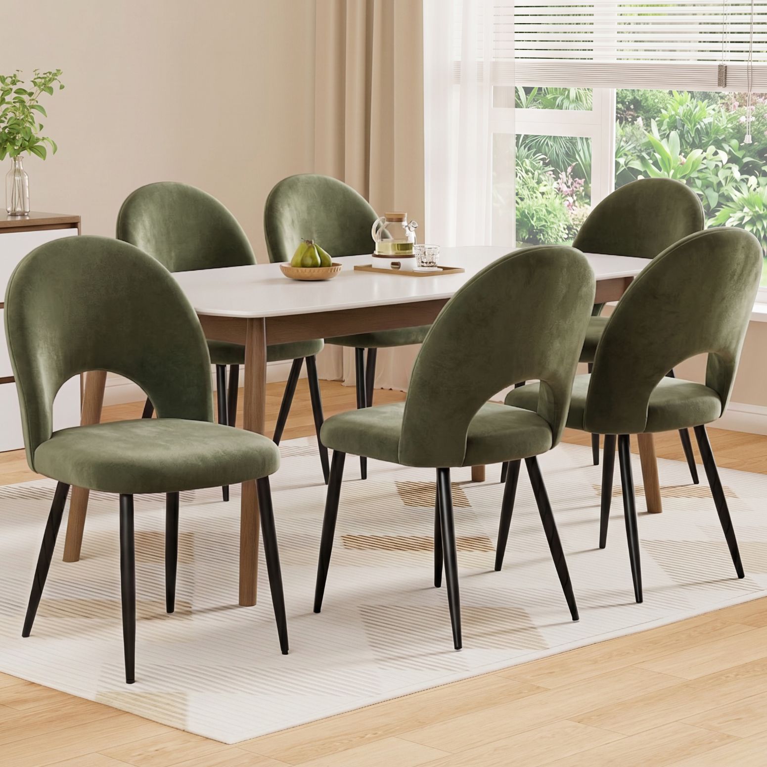 Dining Chairs Set of 6 – Velvet Green, Hollow‑Back, Metal Legs, 150kg