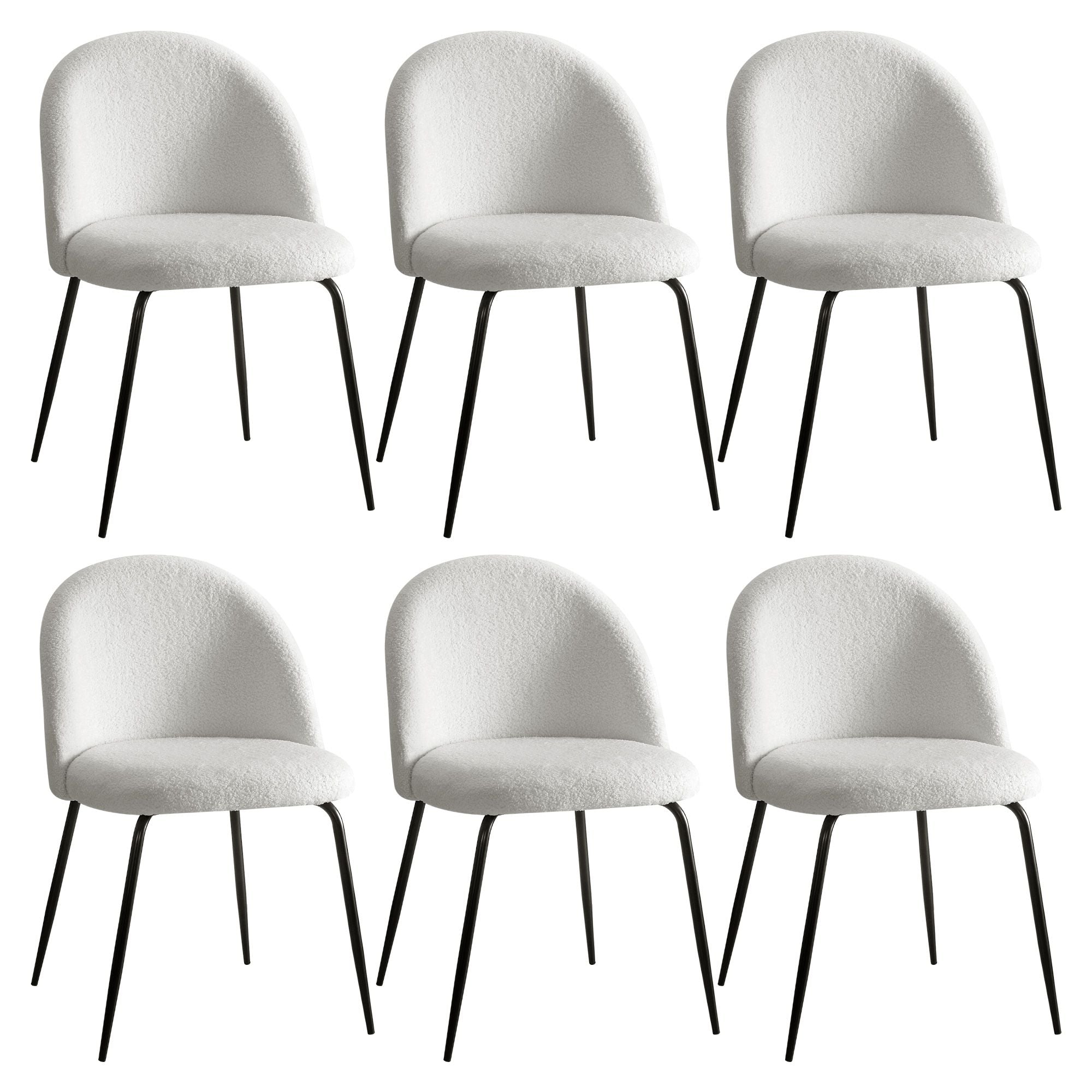 Dining Chairs Set of 6 – Sherpa Bouclé White, Winged Back, Steel Legs