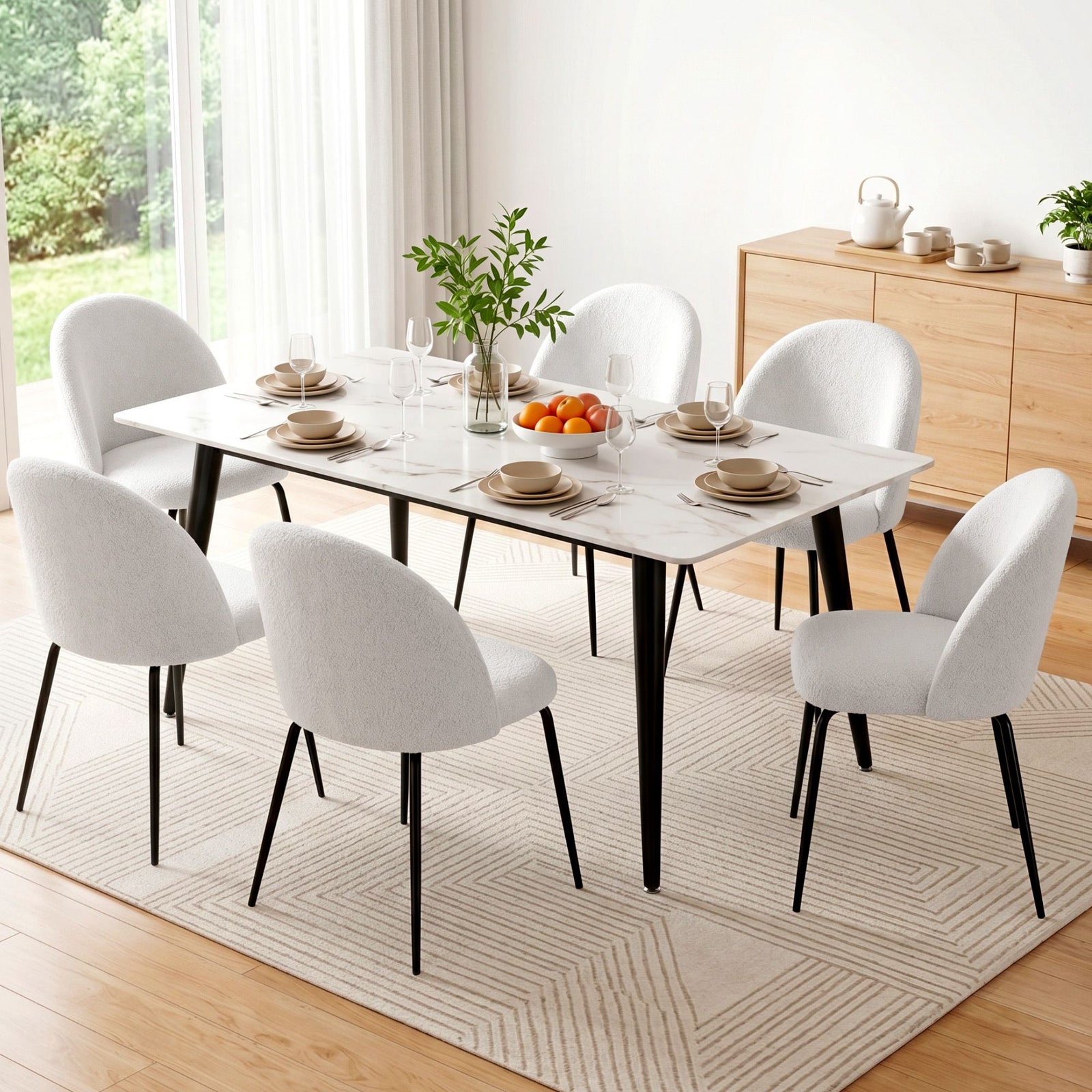 Artiss Dining Chairs Set of 6 – Sherpa Bouclé White, Winged Back, Steel Legs