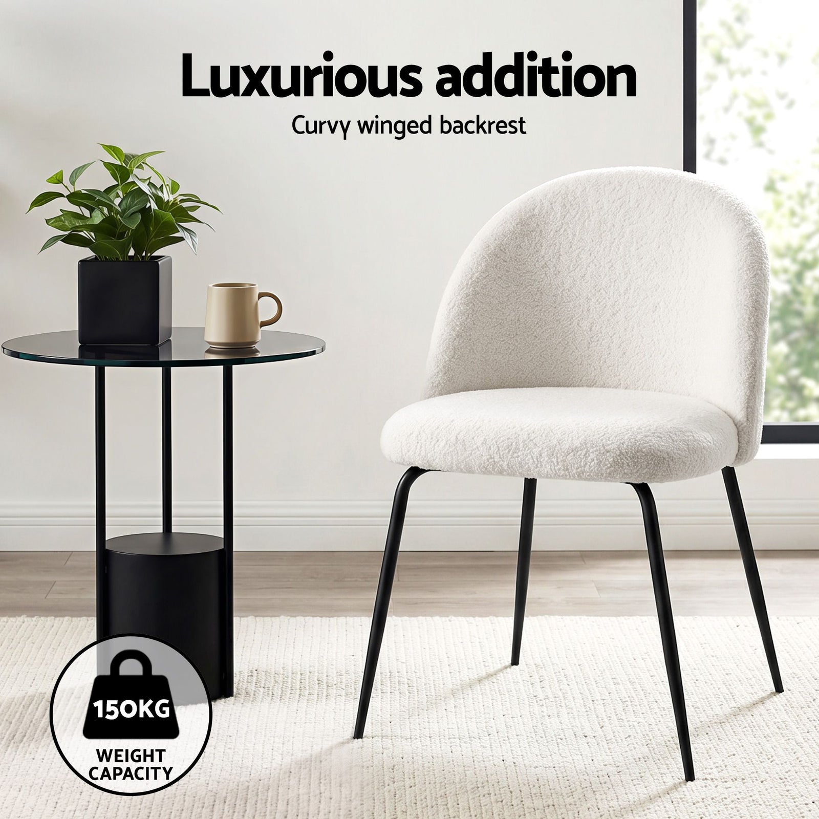 Artiss Dining Chairs Set of 6 – Sherpa Bouclé White, Winged Back, Steel Legs
