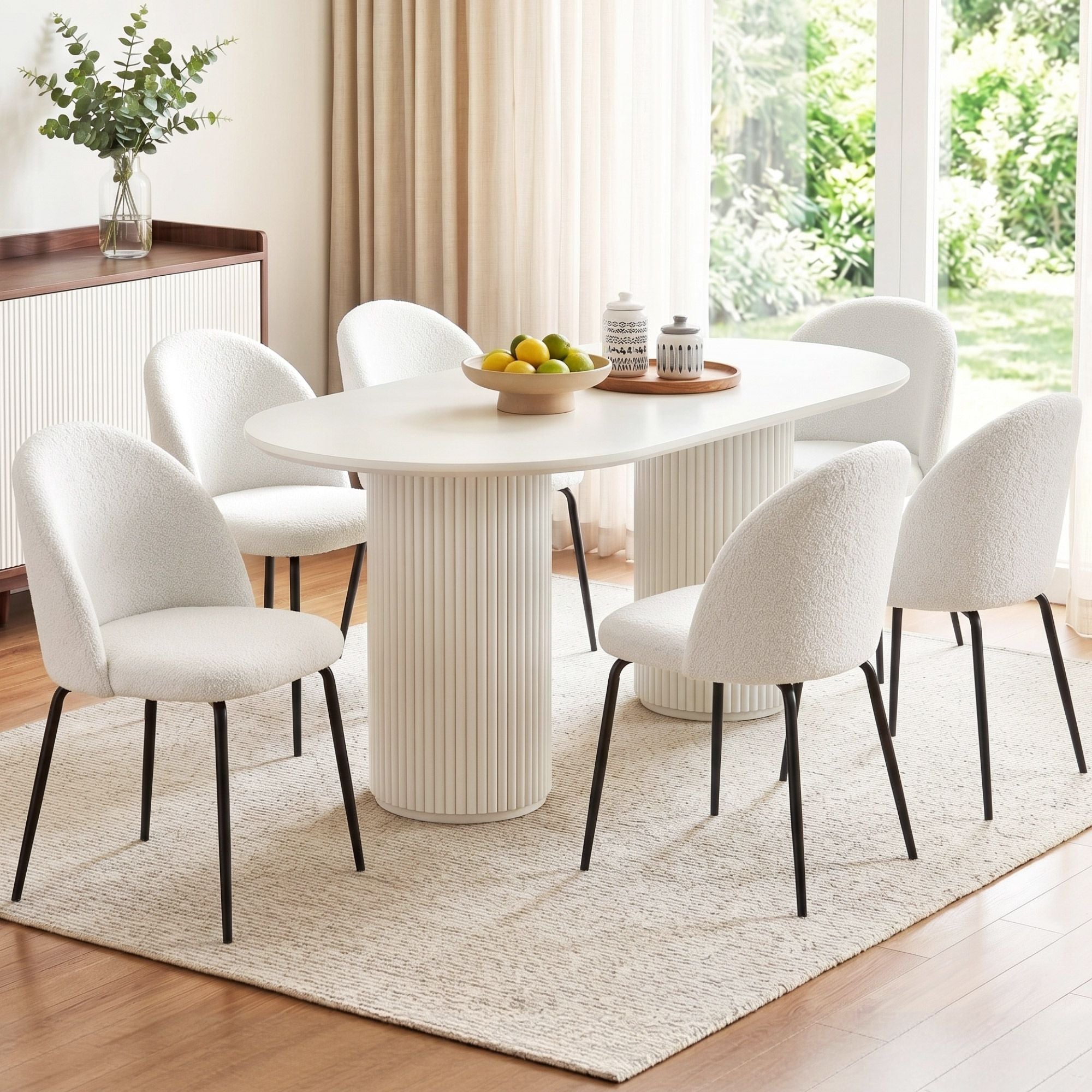 Dining Chairs Set of 6 – Sherpa Bouclé White, Winged Back, Steel Legs