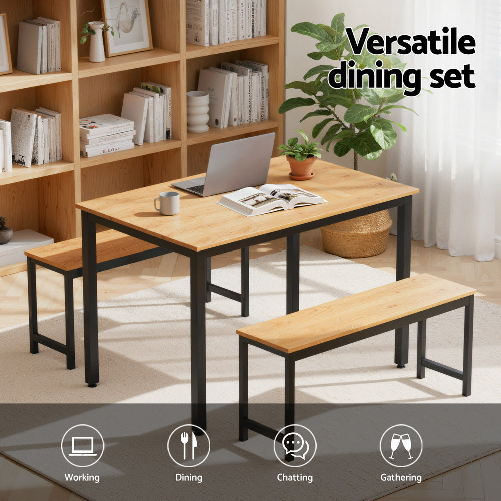 Dining Table and Chairs Set 3PCS Kitchen Metal Desk Bench Natural Oak