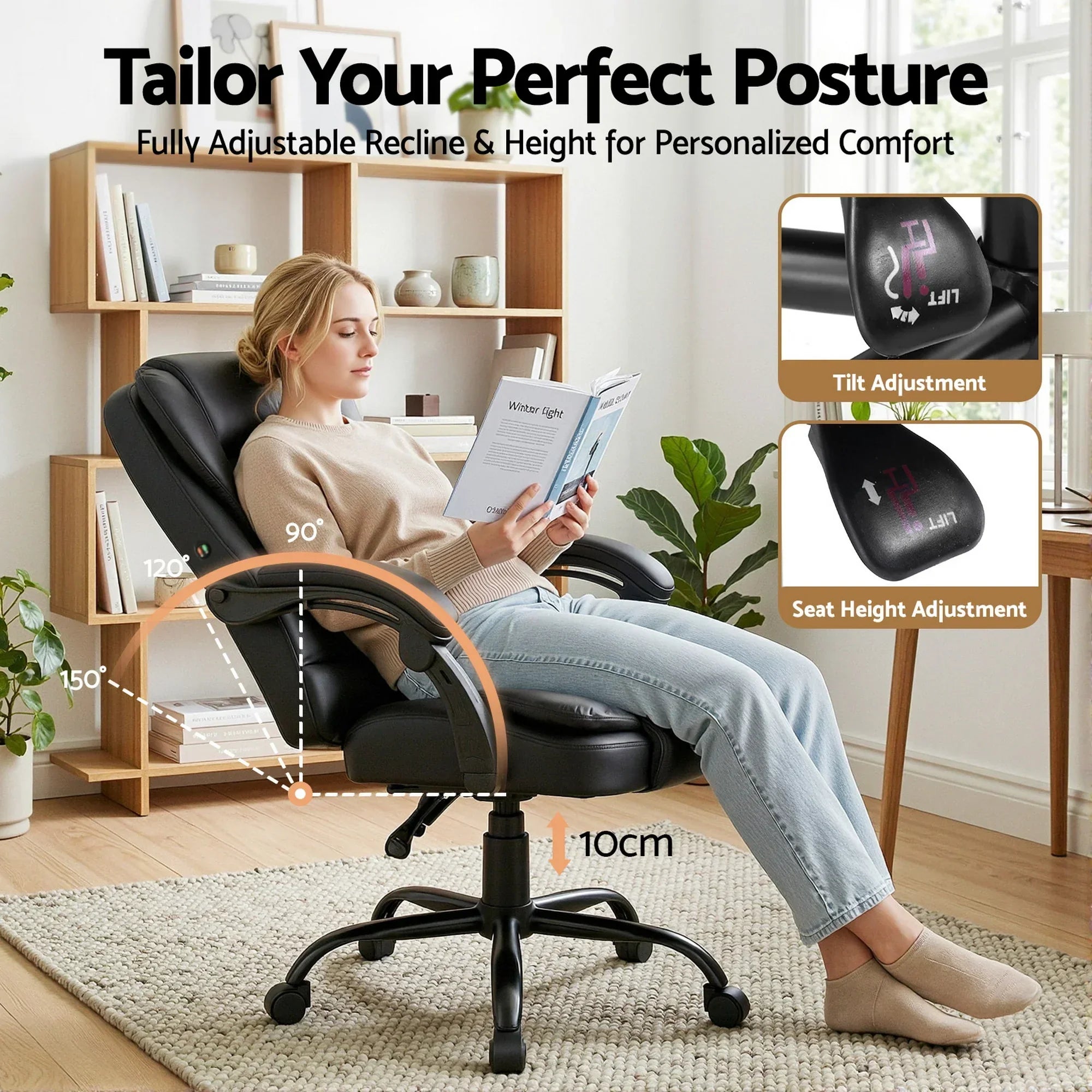 Massage Office Chair Reclining PU Leather Ergonomic Swivel Black
