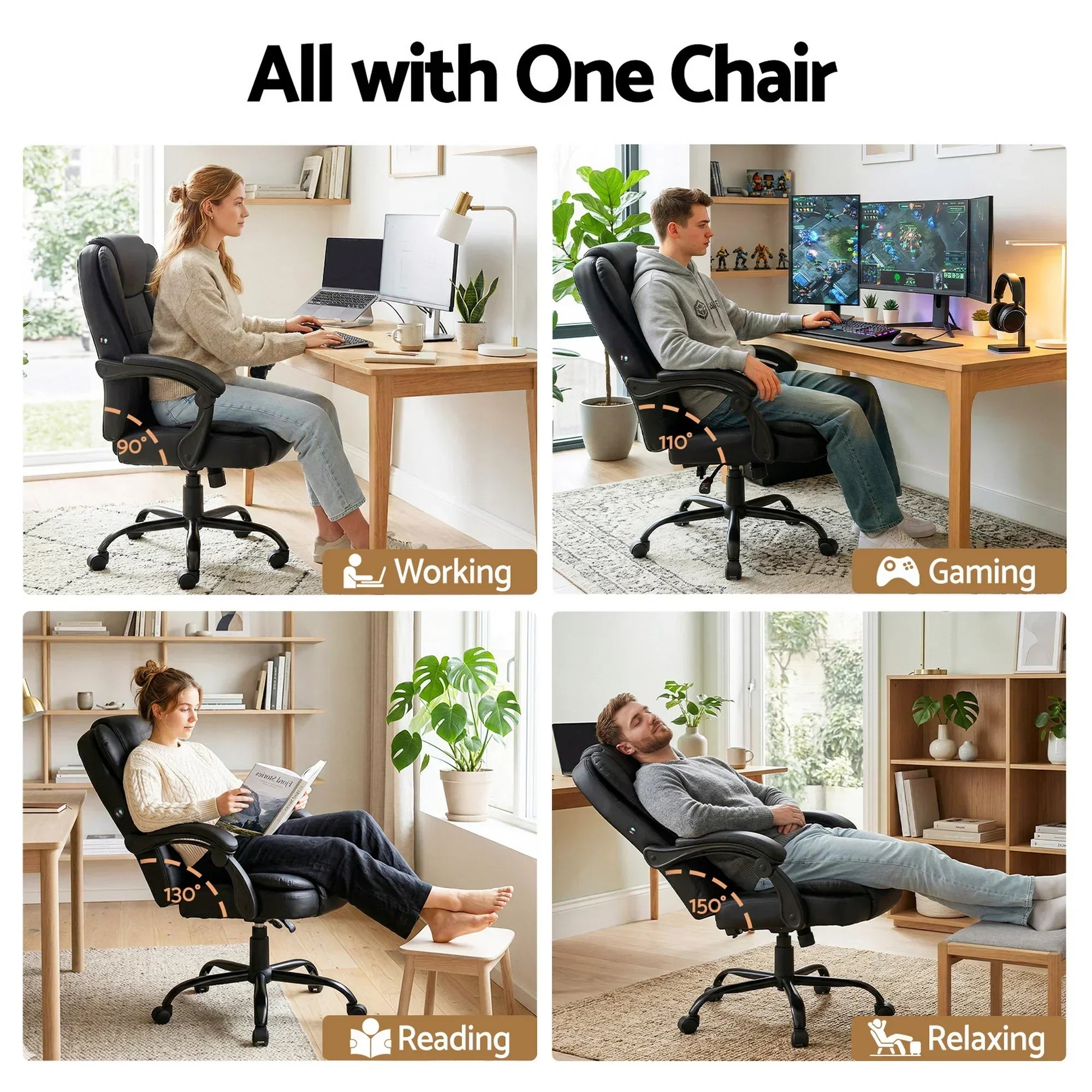 Massage Office Chair Reclining PU Leather Ergonomic Swivel Black