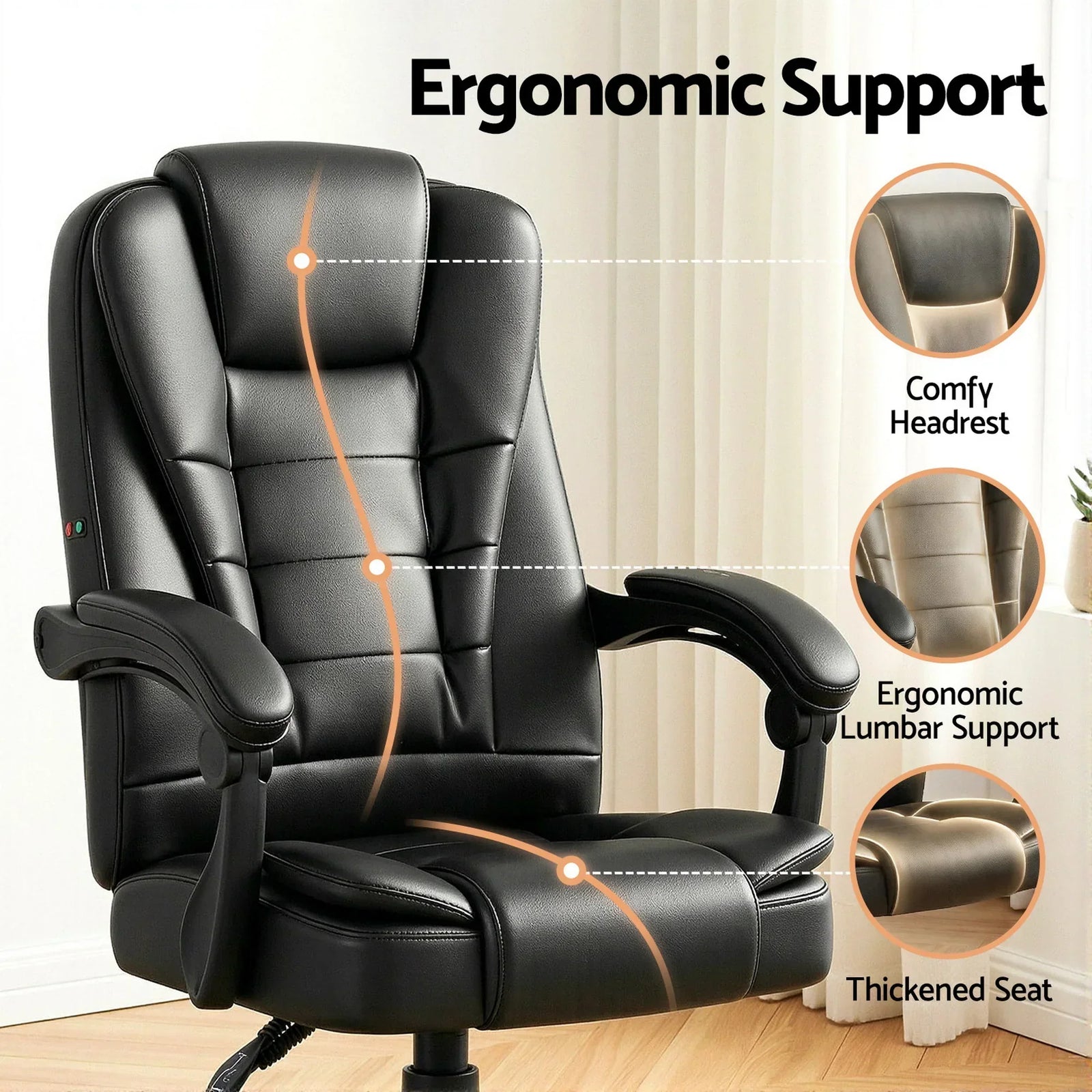 Artiss Massage Office Chair Reclining PU Leather Ergonomic Swivel Black