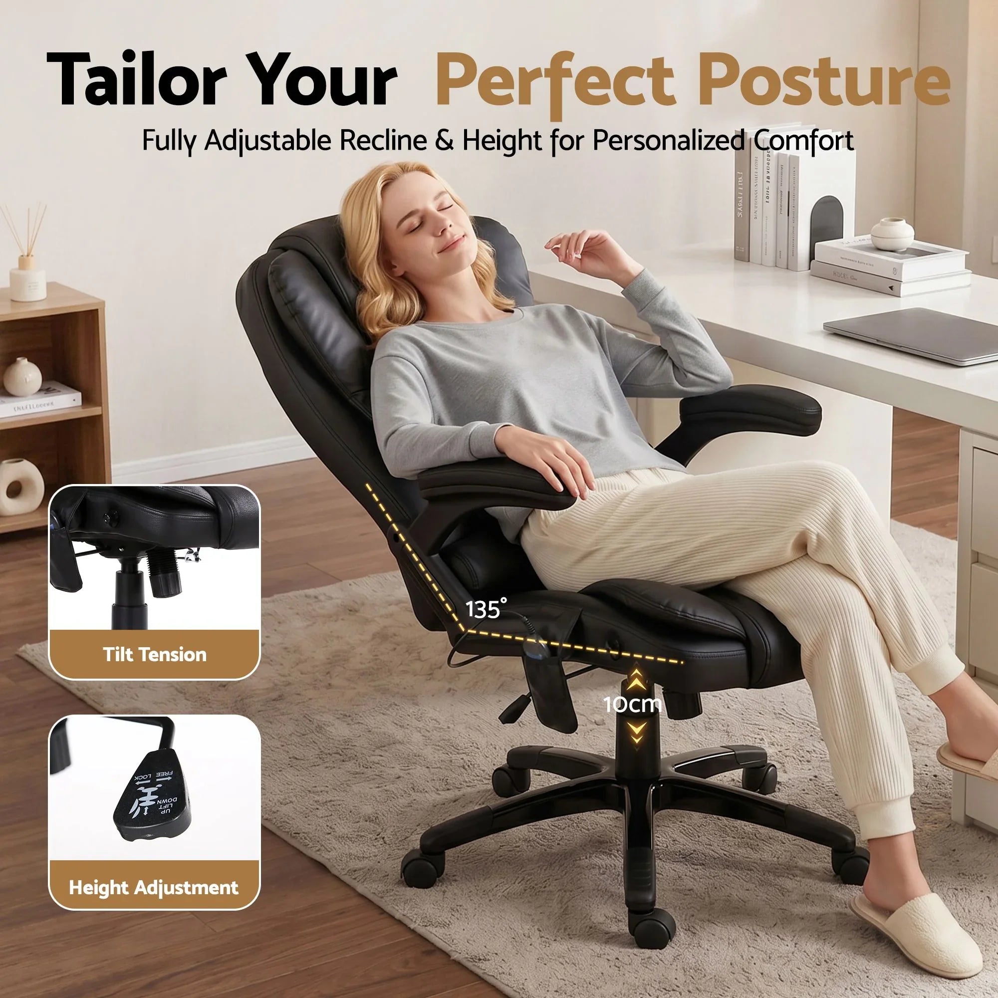 Artiss Massage Office Chair PU Leather Executive Chair Heated Black