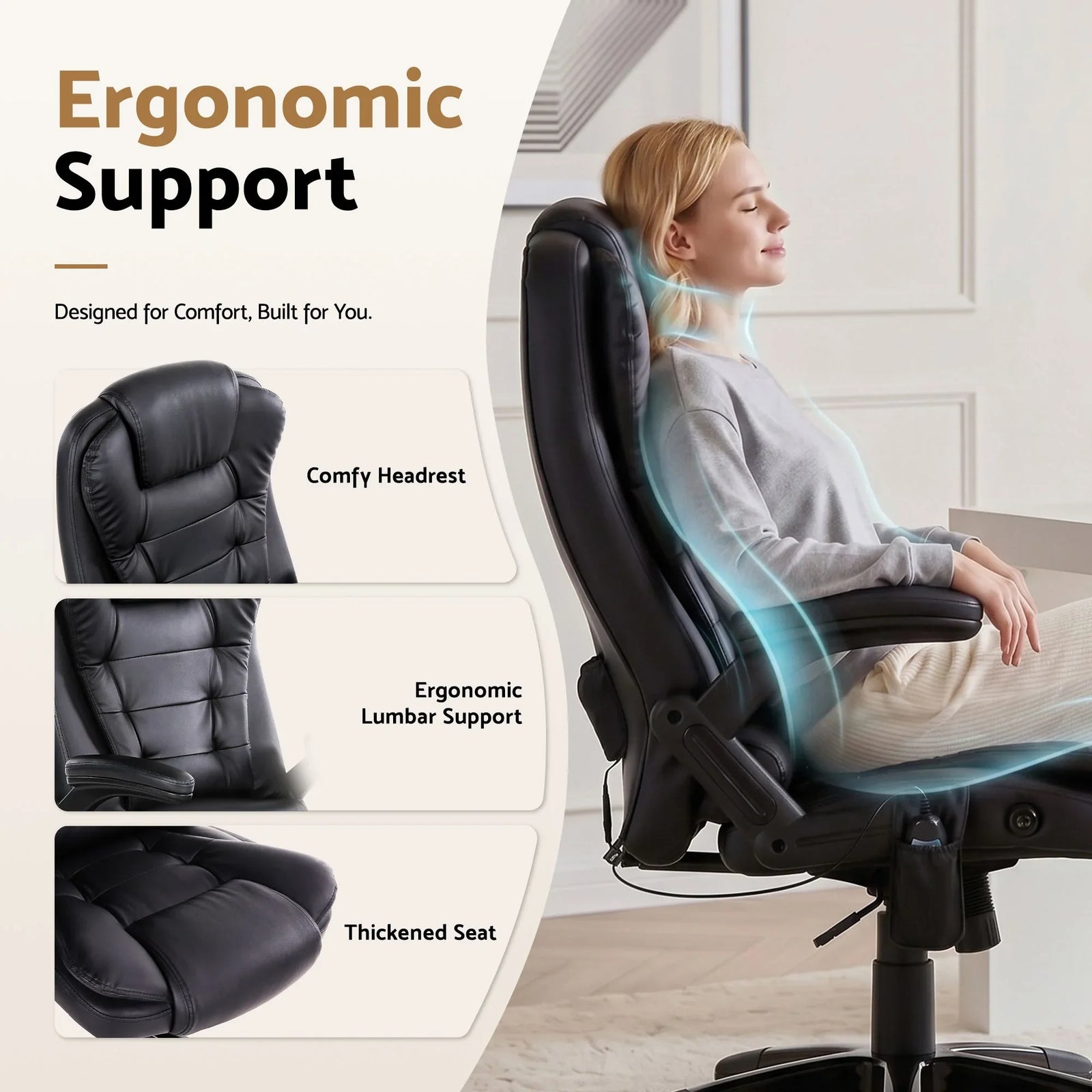 Artiss Massage Office Chair PU Leather Executive Chair Heated Black