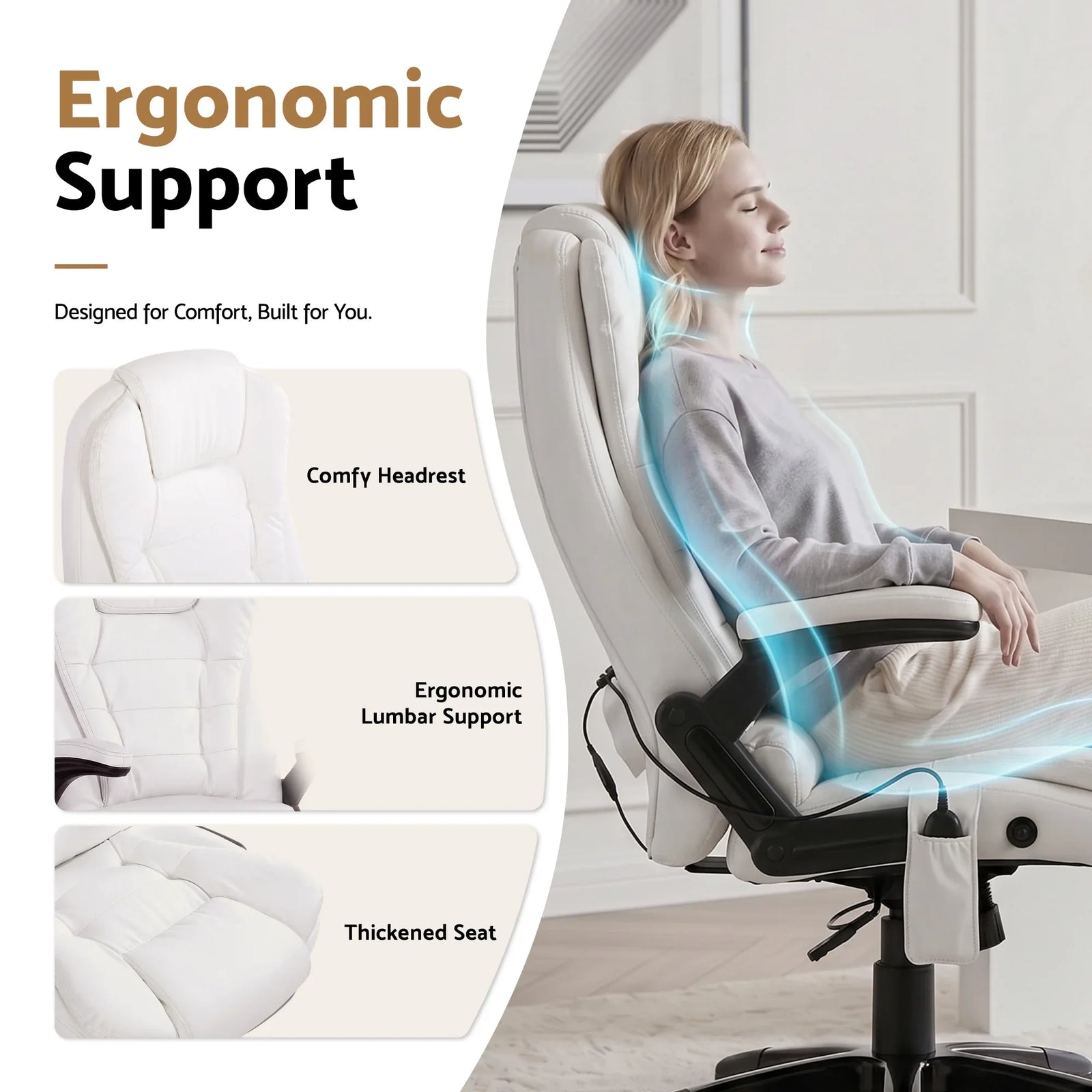 Artiss Heated Massage Office Chair PU Leather Ergonomic White