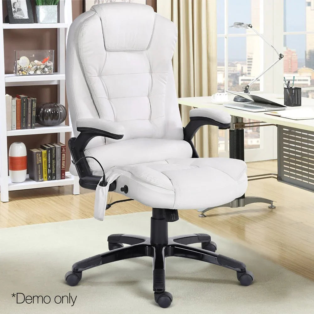 Artiss Heated Massage Office Chair PU Leather Ergonomic White