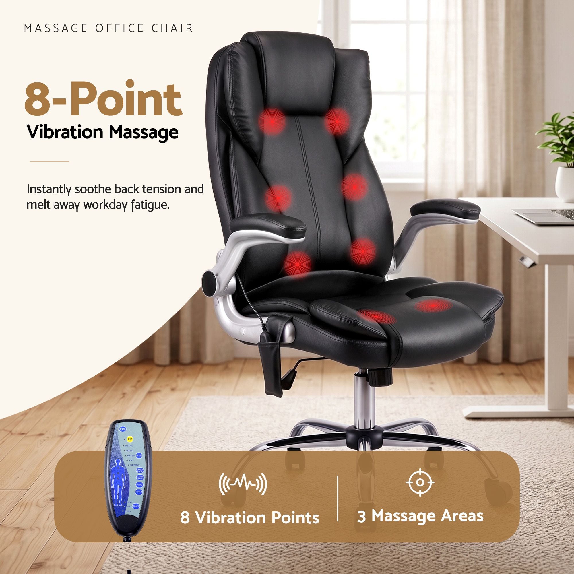 Artiss 8‑Point Massage Office Chair – PU Leather, High Back, Timer, Flip‑Up Arms