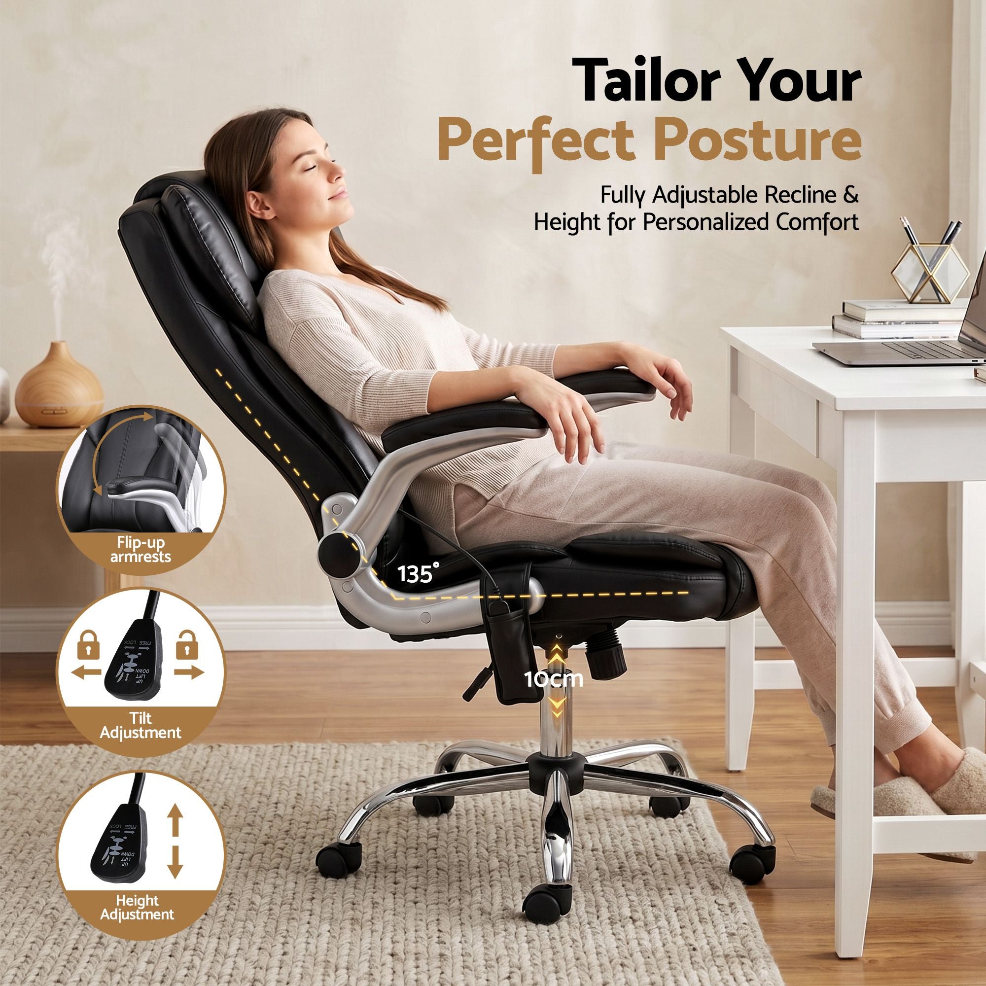 Artiss 8‑Point Massage Office Chair – PU Leather, High Back, Timer, Flip‑Up Arms