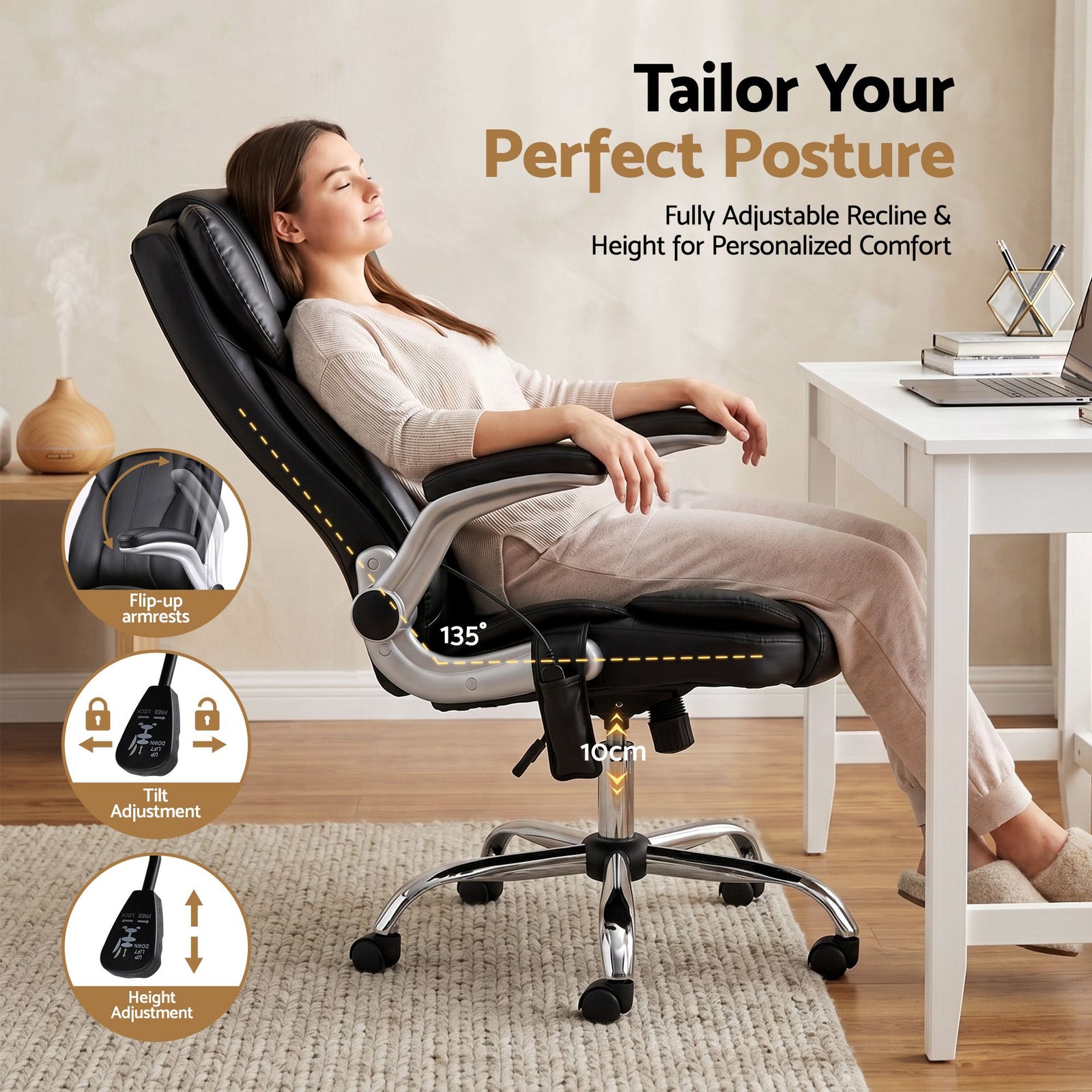 Artiss 8‑Point Massage Office Chair – PU Leather, High Back, Timer, Flip‑Up Arms