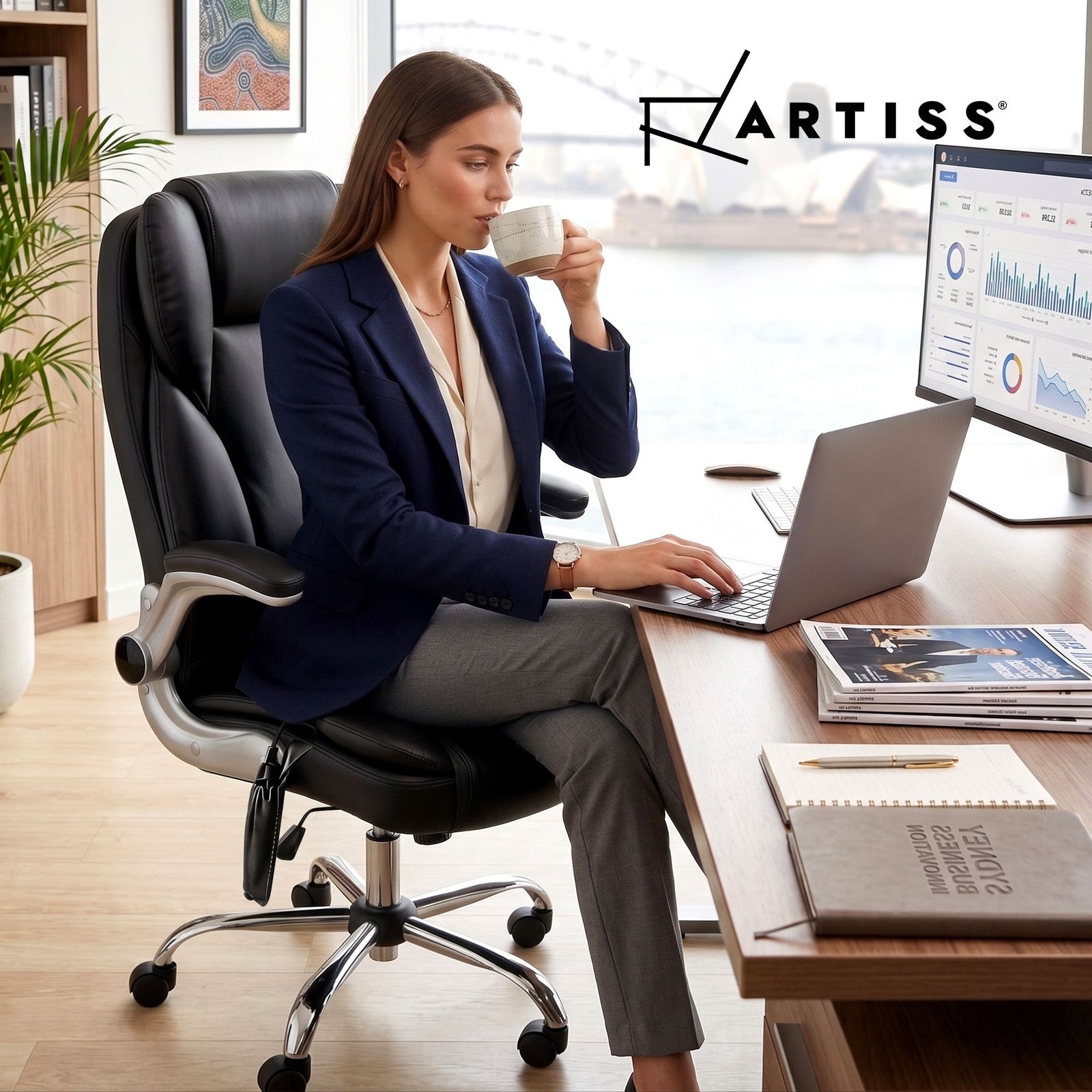 Artiss 8‑Point Massage Office Chair – PU Leather, High Back, Timer, Flip‑Up Arms