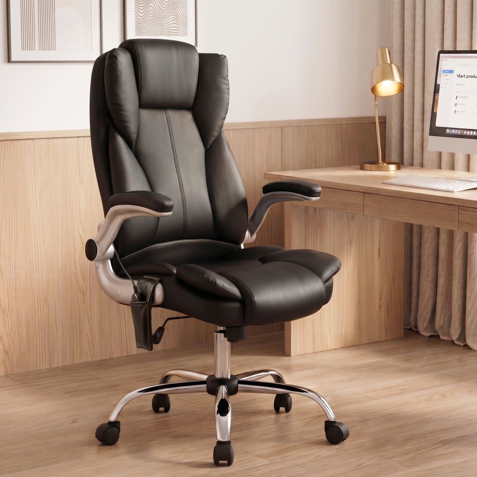 Artiss 8‑Point Massage Office Chair – PU Leather, High Back, Timer, Flip‑Up Arms