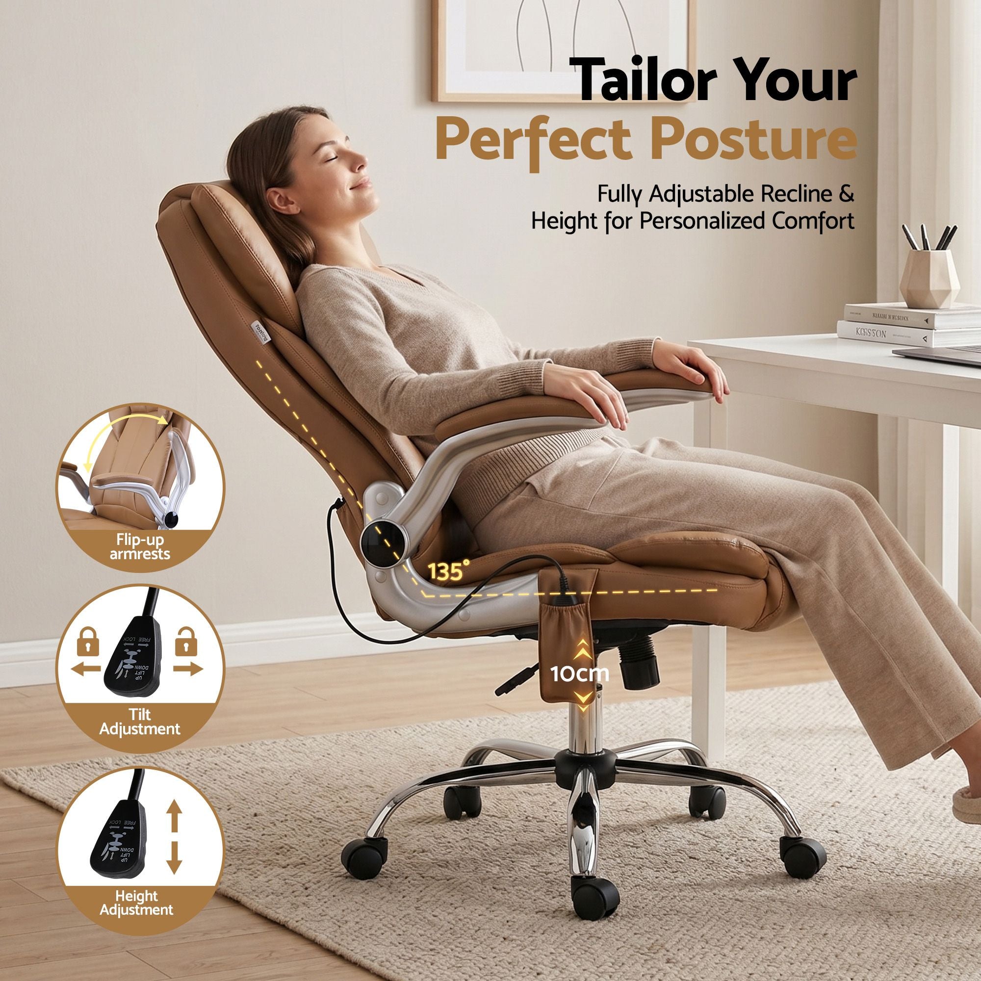 Massage Office Chair 8 Point Vibration PU Leather Ergonomic Brown