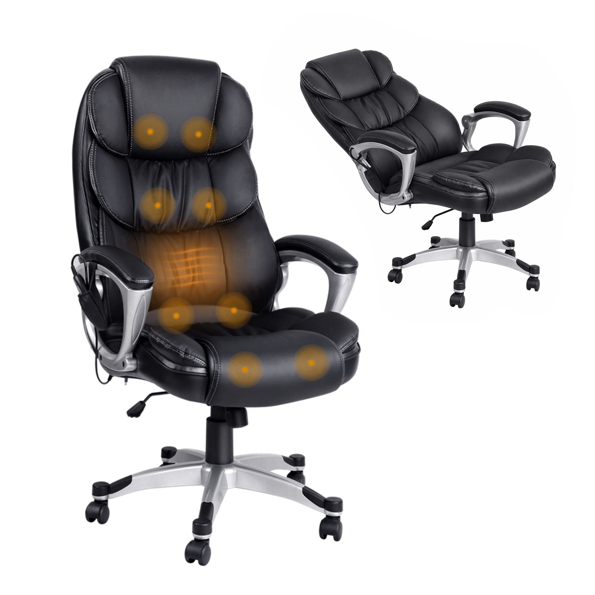 Massage Office Chair Heated Lumbar PU Leather High Back Ergonomic Swivel Black
