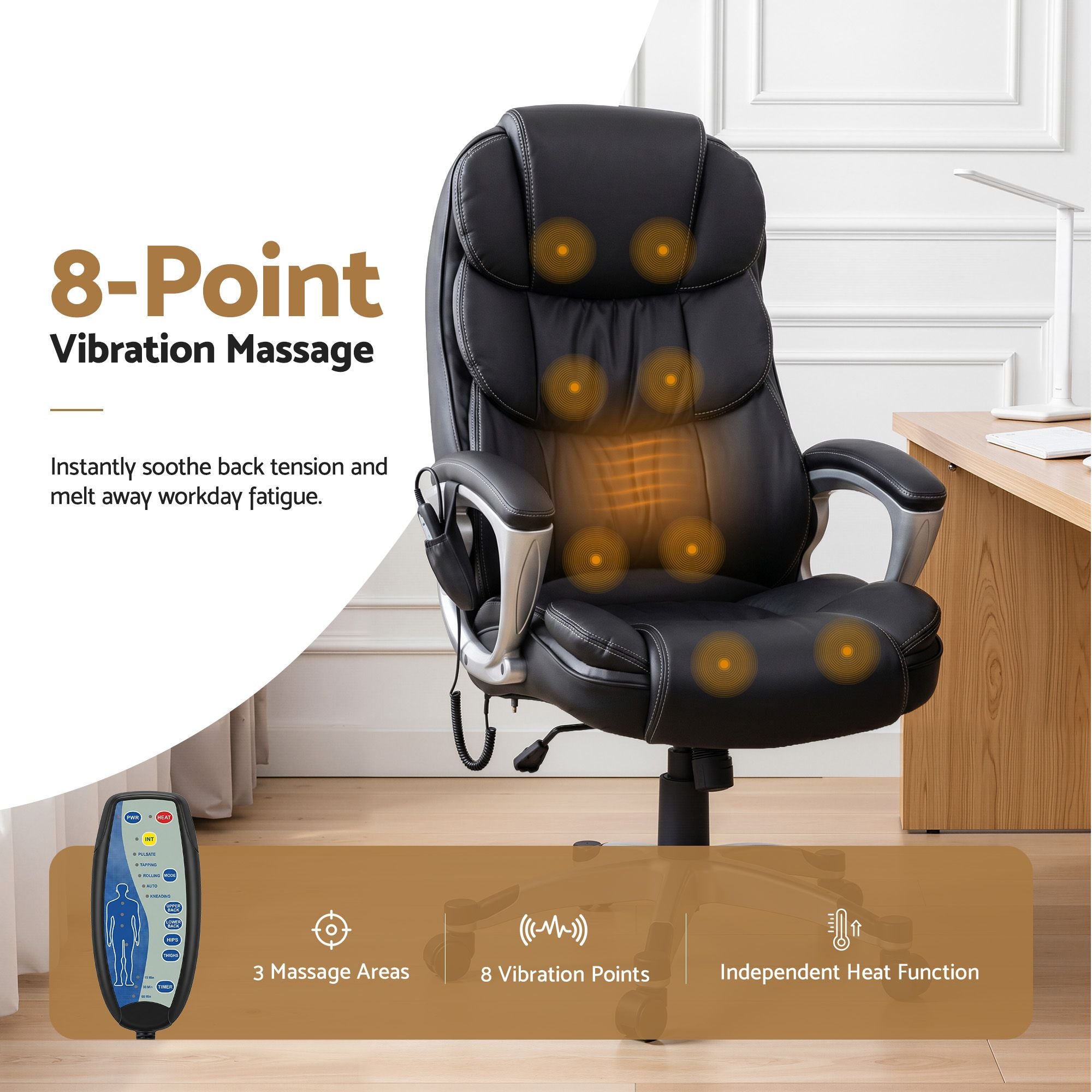 Massage Office Chair Heated Lumbar PU Leather High Back Ergonomic Swivel Black