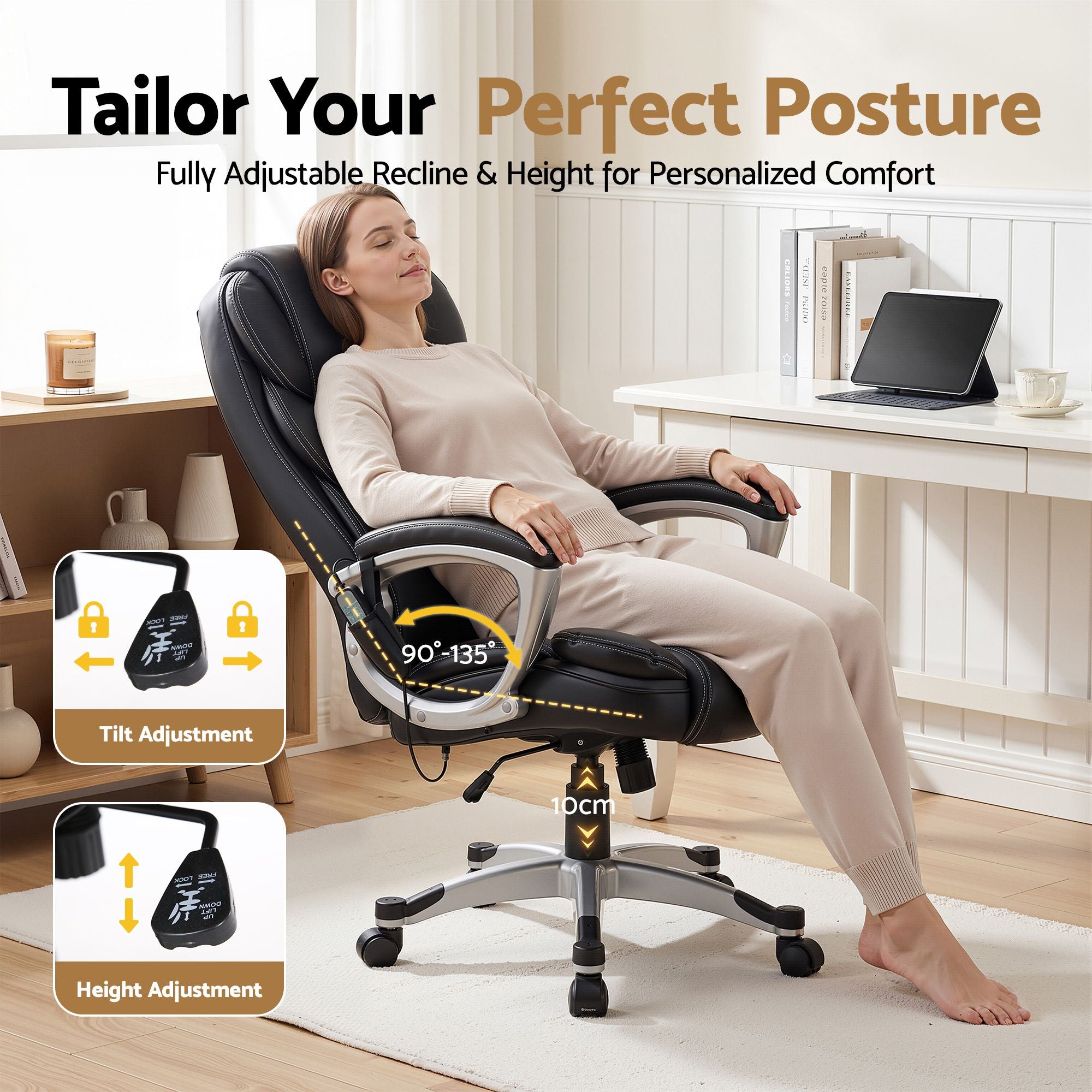 Massage Office Chair Heated Lumbar PU Leather High Back Ergonomic Swivel Black