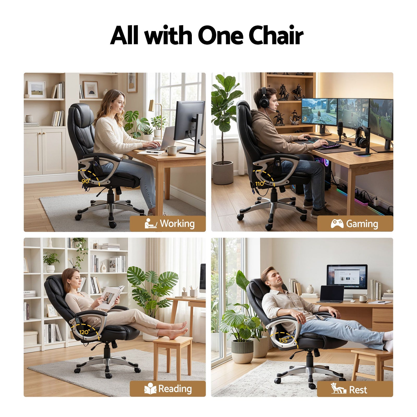 Artiss Massage Office Chair Heated Lumbar PU Leather High Back Ergonomic Swivel Black