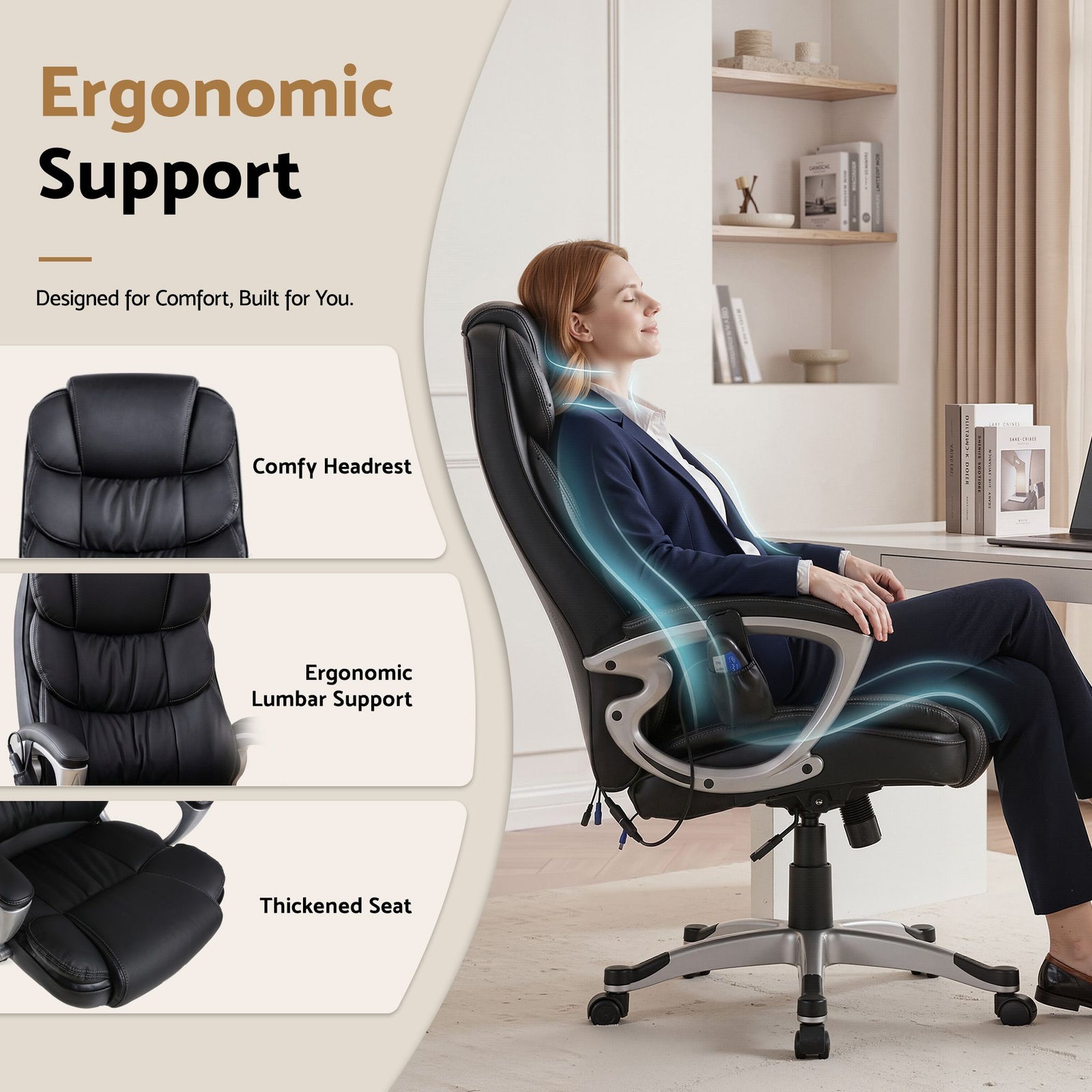 Artiss Massage Office Chair Heated Lumbar PU Leather High Back Ergonomic Swivel Black