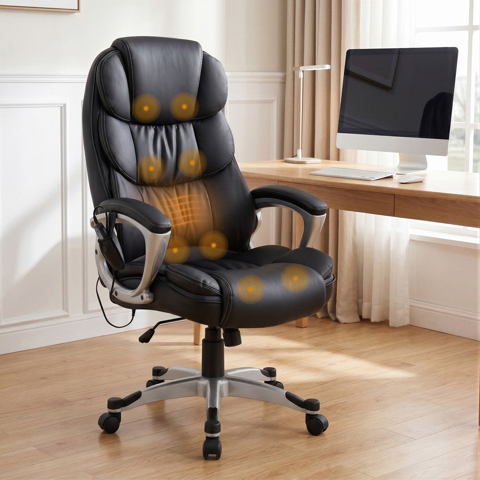 Artiss Massage Office Chair Heated Lumbar PU Leather High Back Ergonomic Swivel Black