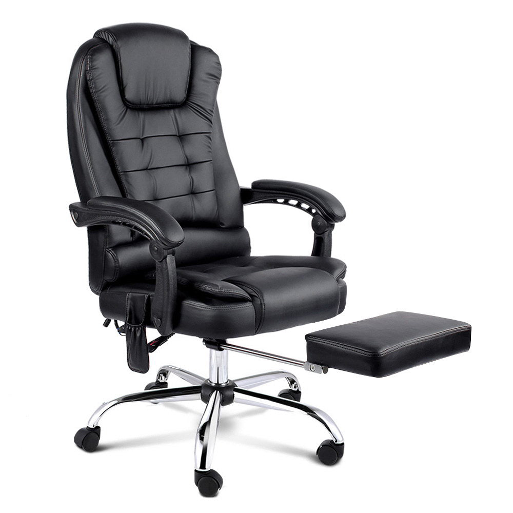Artiss 8 Point Massage Office Chair Heated Recliner Footrest PU Leather Black