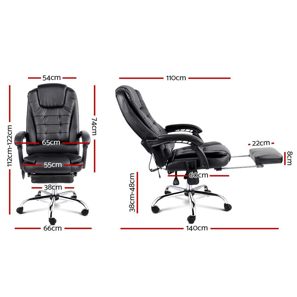 Artiss 8 Point Massage Office Chair Heated Recliner Footrest PU Leather Black