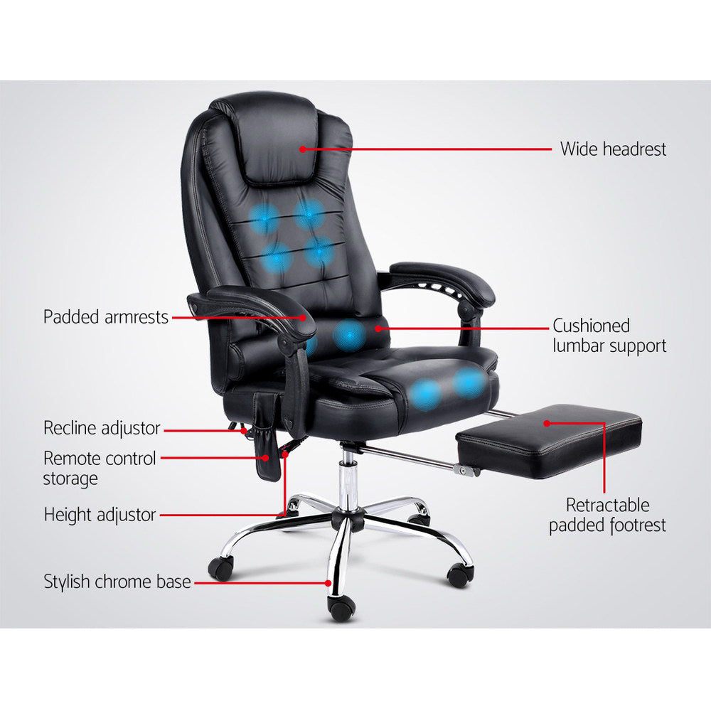 Artiss 8 Point Massage Office Chair Heated Recliner Footrest PU Leather Black