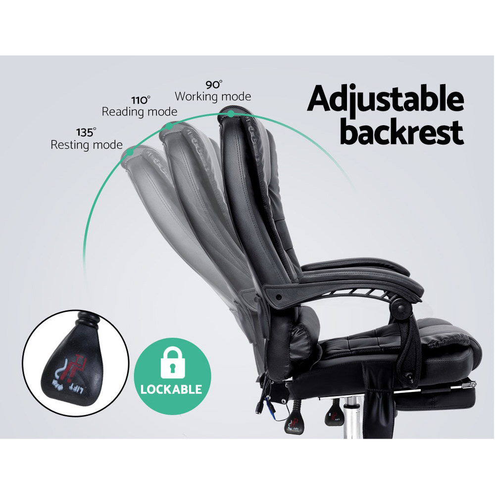 Artiss 8 Point Massage Office Chair Heated Recliner Footrest PU Leather Black