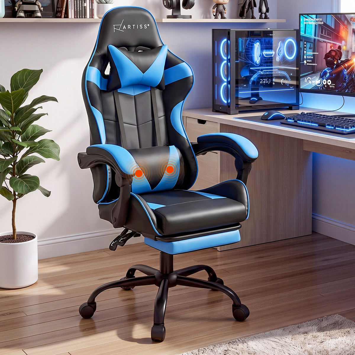 Massage Gaming Chair Cyan Blue – 2‑Point Lumbar, Footrest, 145° Recline