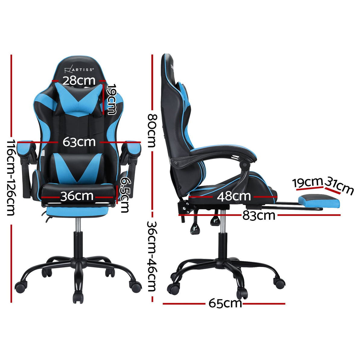 Massage Gaming Chair Cyan Blue – 2‑Point Lumbar, Footrest, 145° Recline