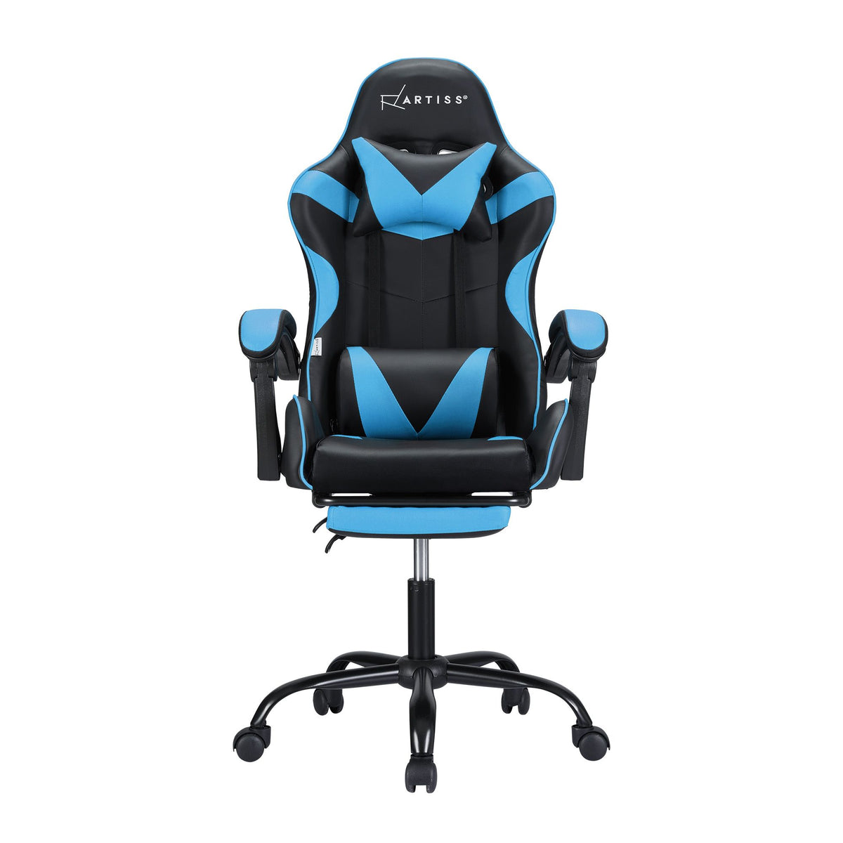 Massage Gaming Chair Cyan Blue – 2‑Point Lumbar, Footrest, 145° Recline