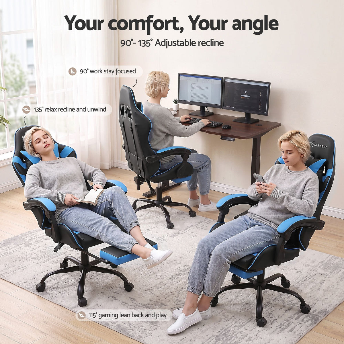 Massage Gaming Chair Cyan Blue – 2‑Point Lumbar, Footrest, 145° Recline