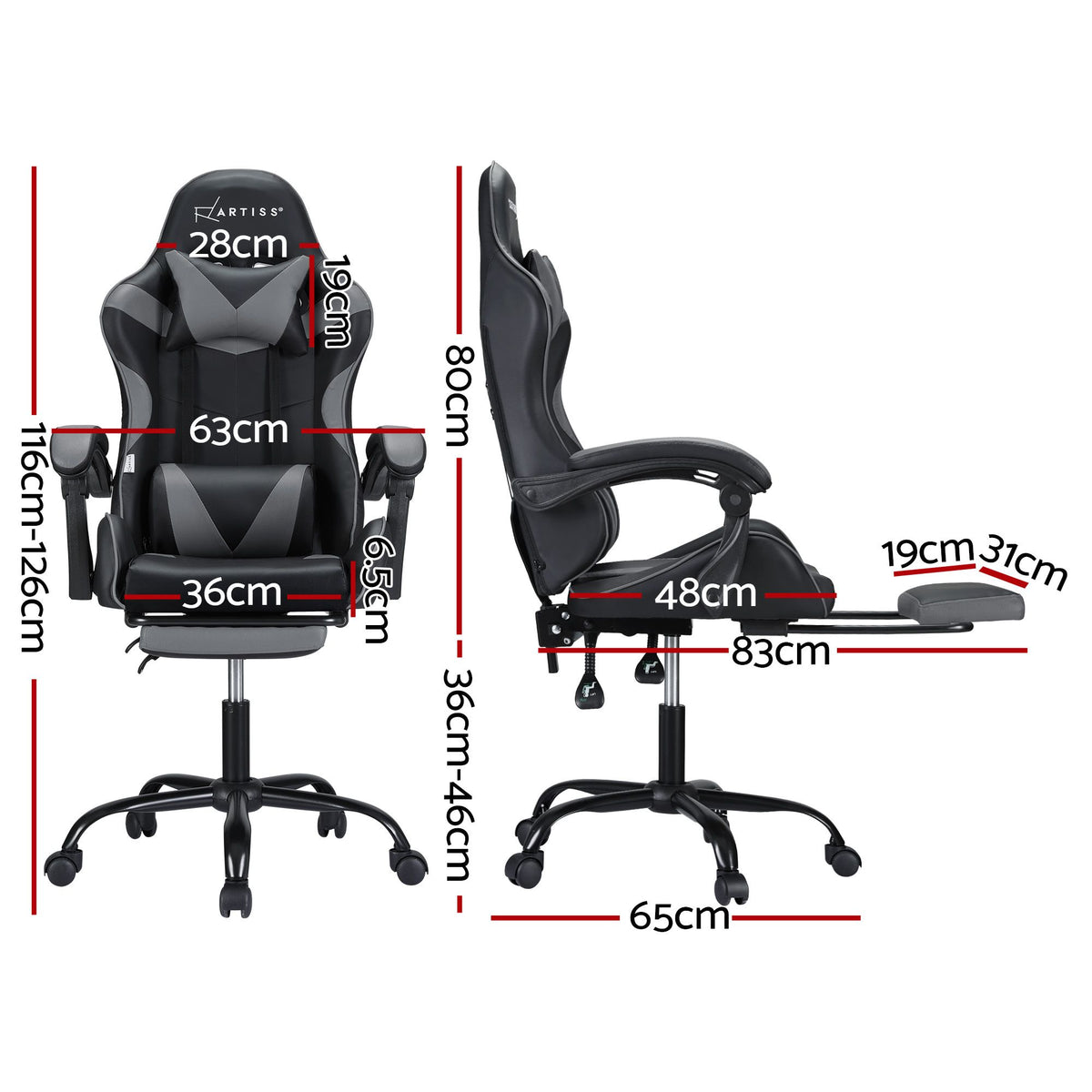 2-Point Massage Gaming Chair with Footrest Recliner Grey