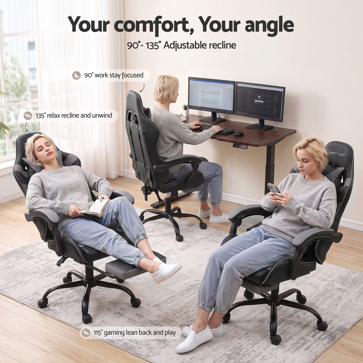 2-Point Massage Gaming Chair with Footrest Recliner Grey