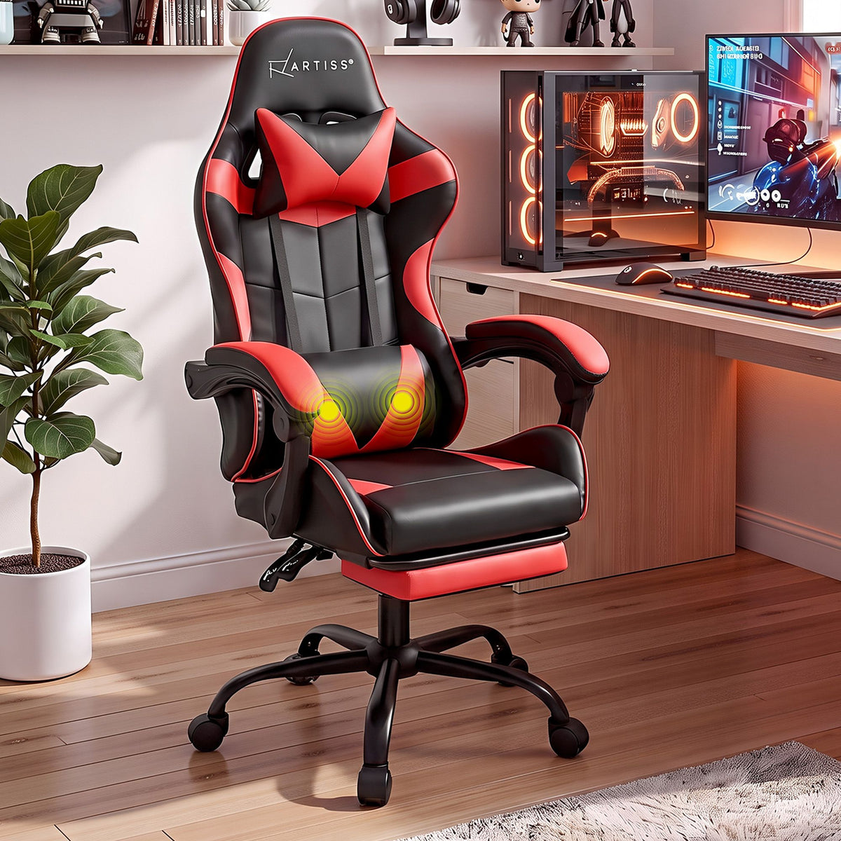 2 Point Massage Gaming Chair Red Footrest Recliner Office Chair