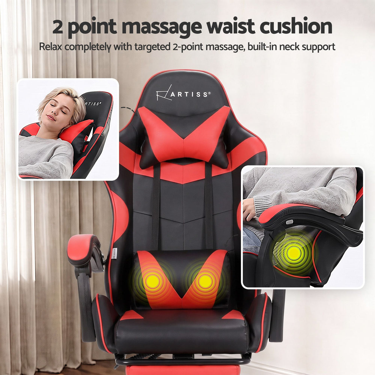 2 Point Massage Gaming Chair Red Footrest Recliner Office Chair