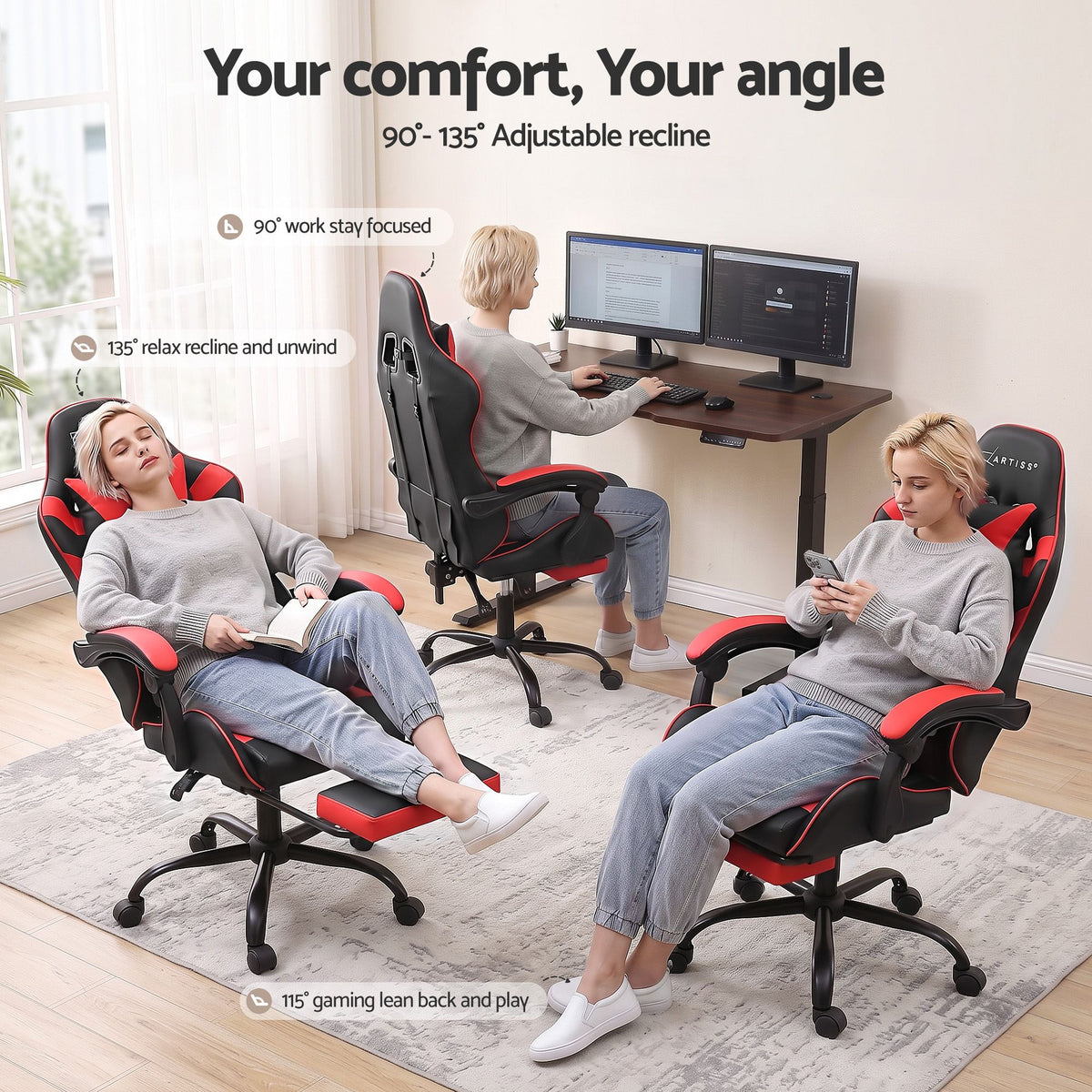 2 Point Massage Gaming Chair Red Footrest Recliner Office Chair