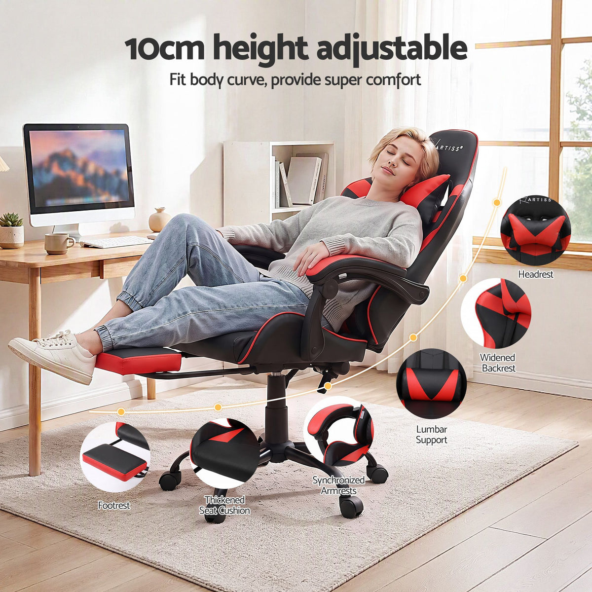 2 Point Massage Gaming Chair Red Footrest Recliner Office Chair