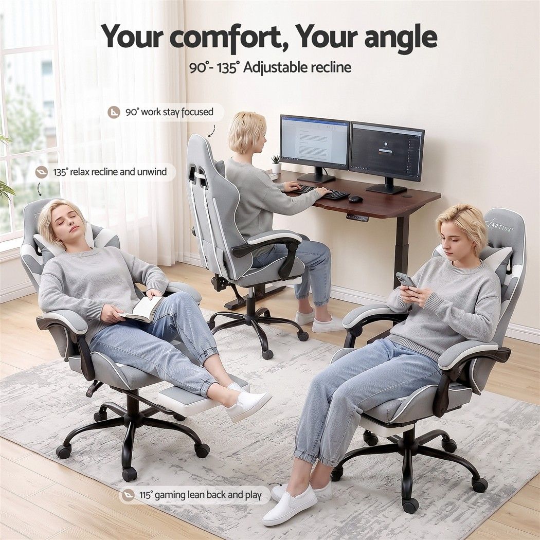 Artiss Gaming Office Chair Fabric Ergonomic with 2 Point Message Light Grey