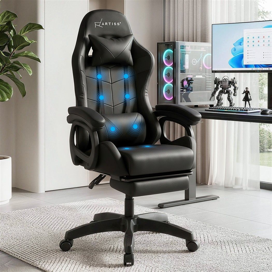 Artiss Massage Gaming Chair, 8 Point Recliner Office Chair with Footrest Black