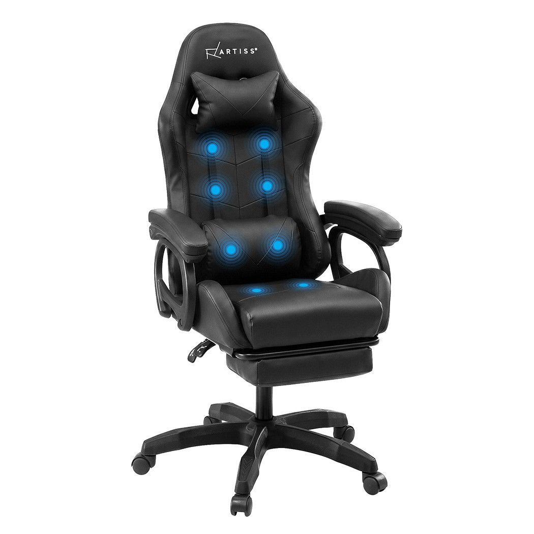 Artiss Massage Gaming Chair, 8 Point Recliner Office Chair with Footrest Black