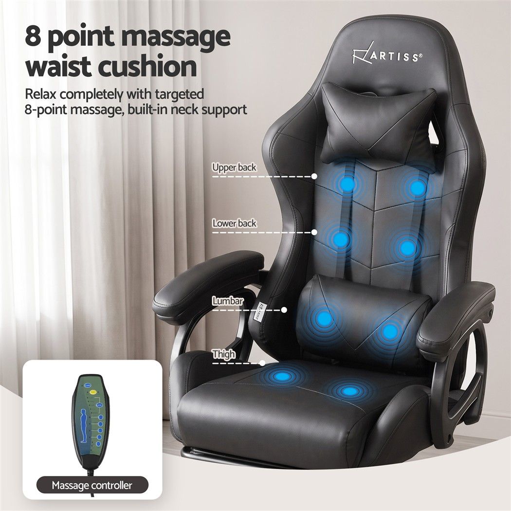 Artiss Massage Gaming Chair, 8 Point Recliner Office Chair with Footrest Black