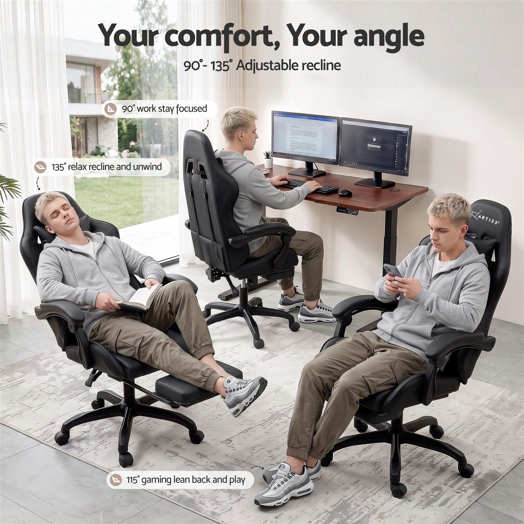 Artiss Massage Gaming Chair, 8 Point Recliner Office Chair with Footrest Black