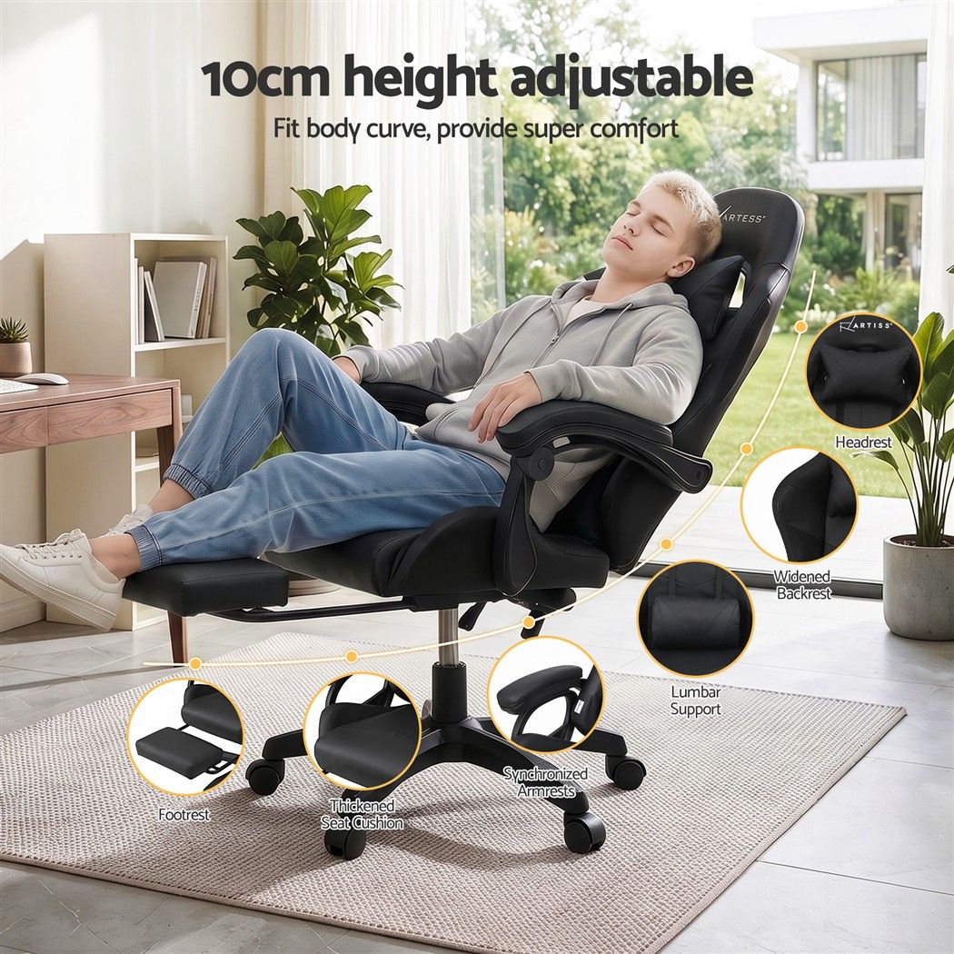 Artiss Massage Gaming Chair, 8 Point Recliner Office Chair with Footrest Black