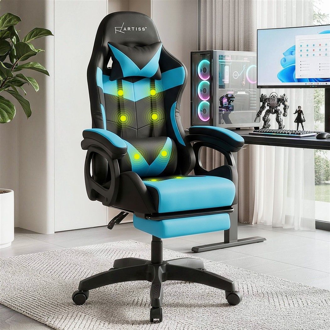 Artiss Massage Gaming Chair, 8 Point Recliner Office Chair with Footrest Blue