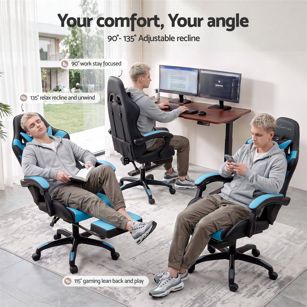 Artiss Massage Gaming Chair, 8 Point Recliner Office Chair with Footrest Blue