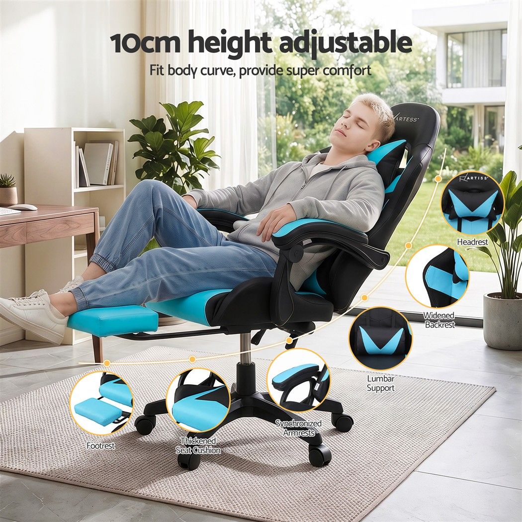 Artiss Massage Gaming Chair, 8 Point Recliner Office Chair with Footrest Blue